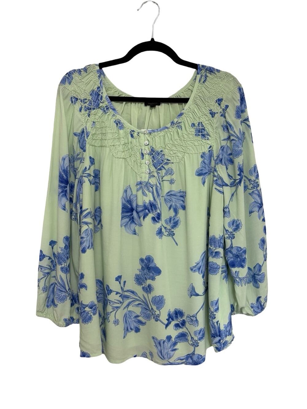 NEW Talbots Light Green Blue Floral Scoop Neck Popover Blouse - Size M